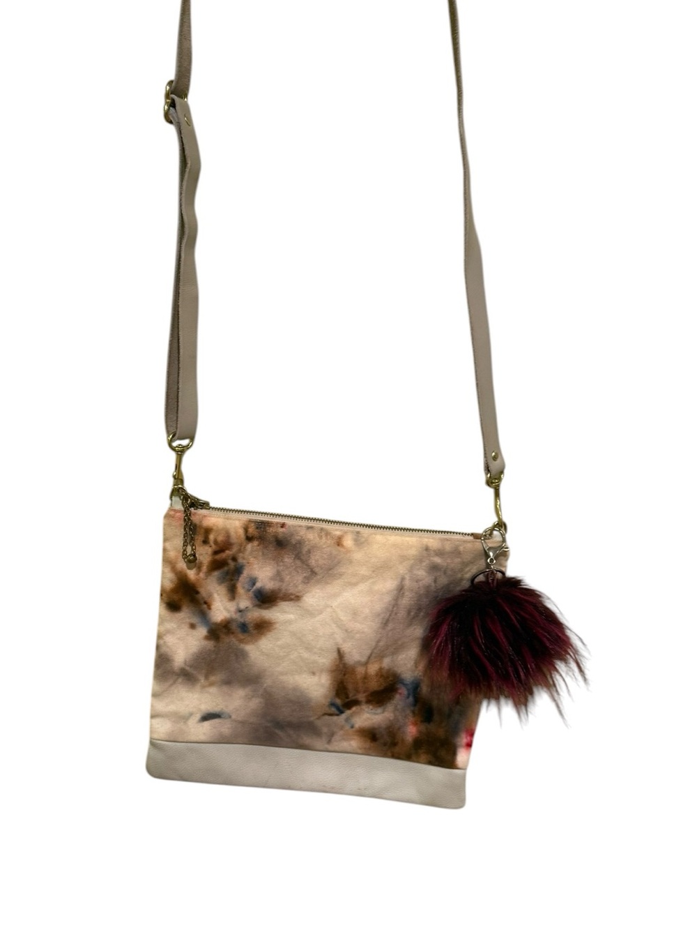 Handmade Gift Shop Brooklyn Tie-Dye Crossbody Burgundy Fur Pom & Leather Bottom